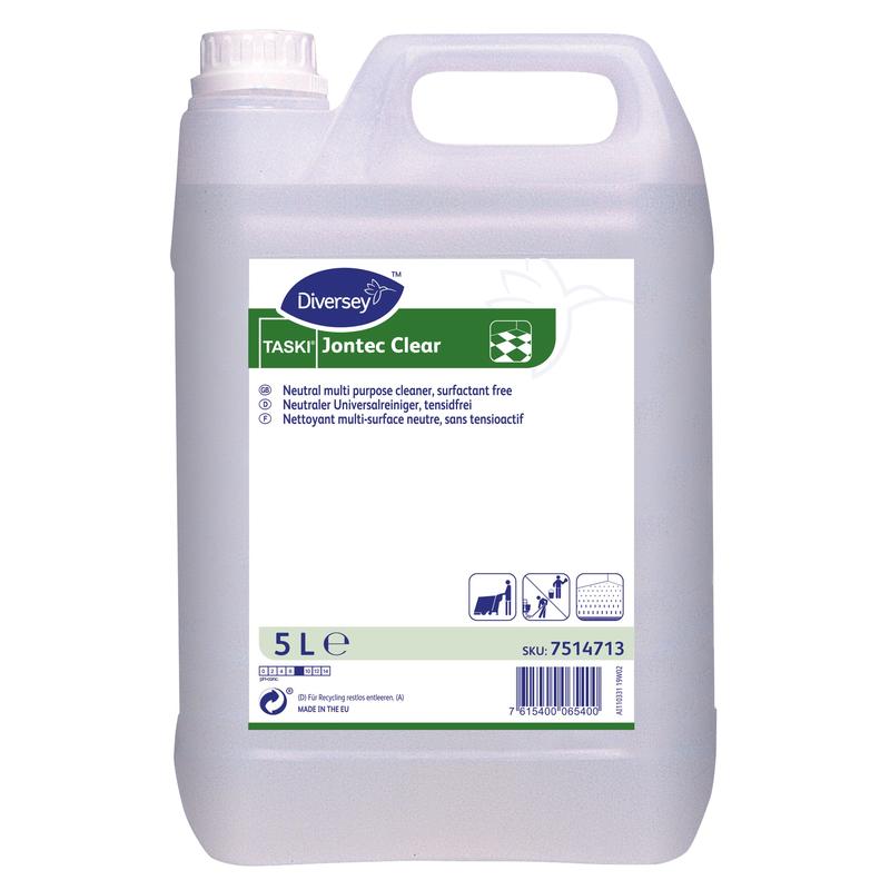 Un recipient de plastic de 5 litri cu detergent TASKI Jontec Clear pentru suprafețe dure de la Diversey Deutschland GmbH & Co. OHG, pH neutru. Recipientul translucid are un capac alb, un mâner alb și o etichetă albastru-verde-alb.