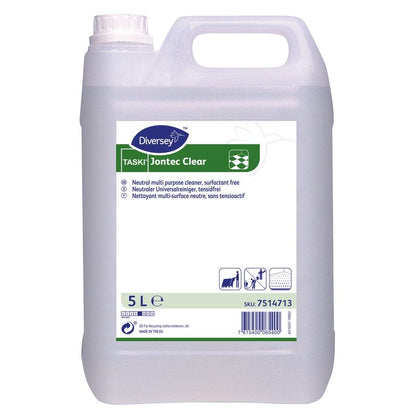 Un recipient de plastic de 5 litri cu detergent TASKI Jontec Clear pentru suprafețe dure de la Diversey Deutschland GmbH & Co. OHG, pH neutru. Recipientul translucid are un capac alb, un mâner alb și o etichetă albastru-verde-alb.