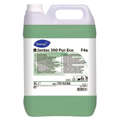 Un recipient de plastic de 5 litri TASKI Jontec 300 Detergent neutru pentru întreținerea pardoselilor de la Diversey Deutschland GmbH & Co. OHG, cu lichid verde și o etichetă pe partea frontală pentru strălucire fără dungi pe suprafețe rezistente la apă.