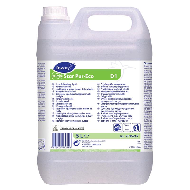 Un bidon de 5L Diversey Suma Star Pur-Eco D1 detergent manual de spălat vase de la Diversey Deutschland GmbH & Co. OHG, cu un mâner și o etichetă albă cu informații despre produs, instrucțiuni și logo-uri multilingve; biodegradabil și ecologic.