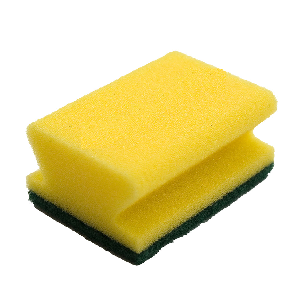 Un burete TASKI dreptunghiular galben/verde, puternic și robust, 6 x 9,5 cm, cu un pad abraziv verde de la Diversey Deutschland GmbH & Co. OHG pentru curățarea eficientă a murdăriei persistente pe suprafețe rezistente; Fotografie pe fundal alb.