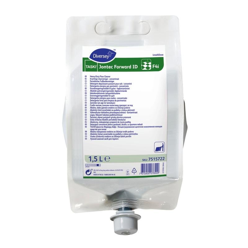 Un sac de plastic de 1,5 litri TASKI Jontec Forward detergent concentrat pentru podele de la Diversey Deutschland GmbH & Co. OHG cu gura de vărsare la bază și etichetă albă cu detalii despre produs și instrucțiuni de utilizare pentru mai mult confort.