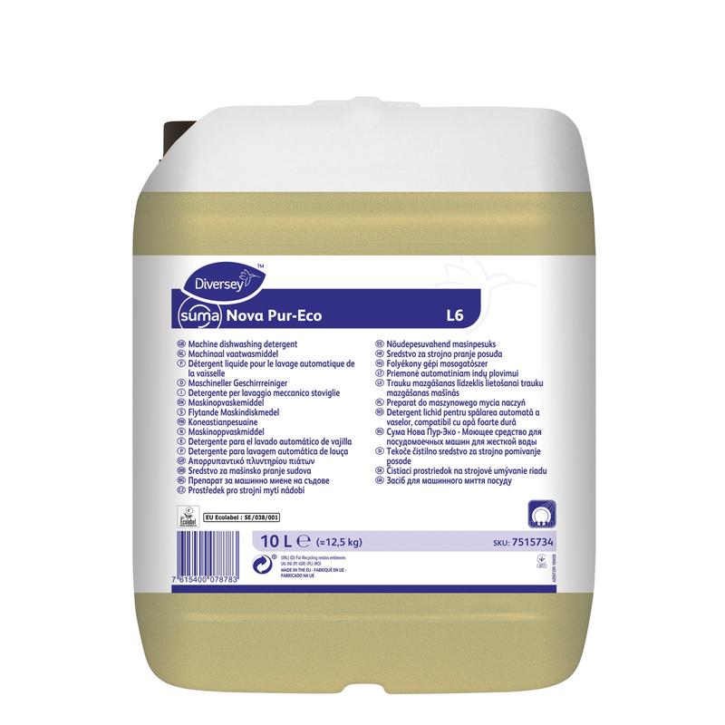 Un container de plastic de 10 litri cu detergent de vase Suma Nova Pur-Eco L6, lichid, de la Diversey Deutschland GmbH & Co. OHG, cu capac alb și etichetă multilingvă pentru utilizare în mașini de spălat vase comerciale.
