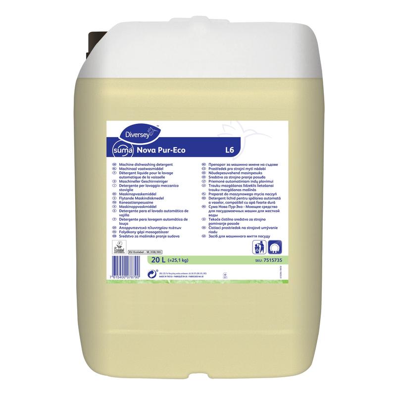 Un container transparent, ecologic, de 20 de litri, cu detergent de vase Suma Nova Pur-Eco L6, lichid, de la Diversey Deutschland GmbH & Co. OHG, cu capac alb și etichetă albă multilingvă pentru mașini de spălat vase comerciale.