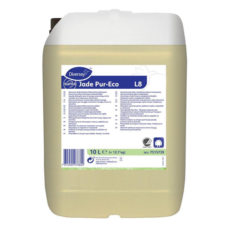 Un recipient de 10 litri Suma Jade Pur-Eco L8 de la Diversey Deutschland GmbH & Co. OHG, un detergent de vase ecologic și sigur pentru aluminiu, cu etichetă multilingvă pentru informații despre produs și instrucțiuni.