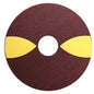 TASKI JonWood Floor Pad 5pc W1 de la Diversey Deutschland GmbH & Co. OHG este un pad rotund, maro, cu o gaură în mijloc și două semilune galbene, dezvoltat pentru curățarea fără urme a podelelor din lemn; ilustrat pe un fundal alb.