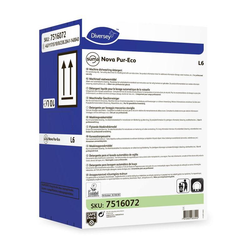 O cutie de detergent de vase Suma Nova Pur-Eco L6, lichid, de la Diversey Deutschland GmbH & Co. OHG pentru mașini de spălat vase comerciale, cu informații despre produs, instrucțiuni, simboluri și SKU 7516072 imprimate pe ambalaj.