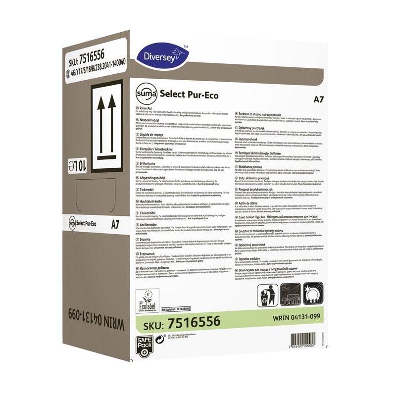 Un carton de Suma Select Pur-Eco A7 Klarspüler de la Diversey Deutschland GmbH & Co. OHG dispune de informații despre produs, instrucțiuni, cod de bare, simbol de reciclare și un indicator de volum de 10 litri pe ambalaj pentru o curățare eficientă.