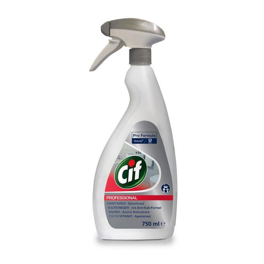 O sticlă cu pulverizator albă de 750 ml cu detergent pentru baie Cif Professional, produs de Diversey Deutschland GmbH & Co. OHG, cu duză și etichetă gri, cu acțiune 2 în 1 de curățare și îndepărtare a depunerilor de calcar, pentru o eficacitate sporită în îndepărtarea depunerilor de calcar și curățarea băii.