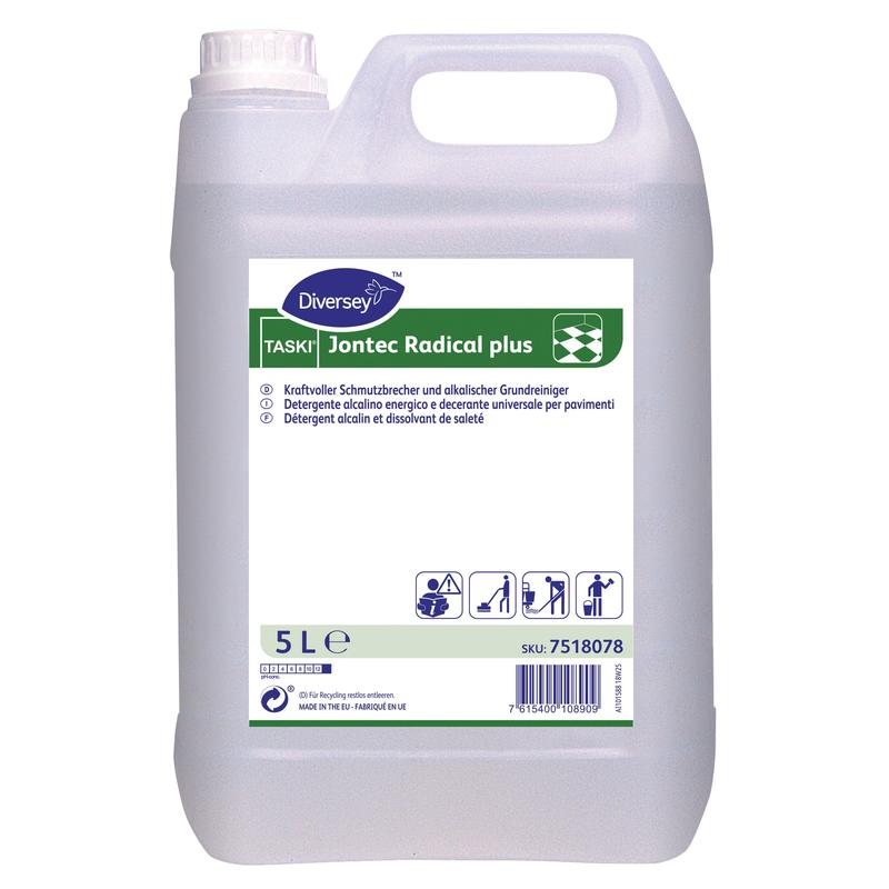 TASKI Jontec Radical plus de 5L, un detergent de podea puternic de la Diversey Deutschland GmbH & Co. OHG într-un recipient - ideal pentru podele rezistente la alcaline.