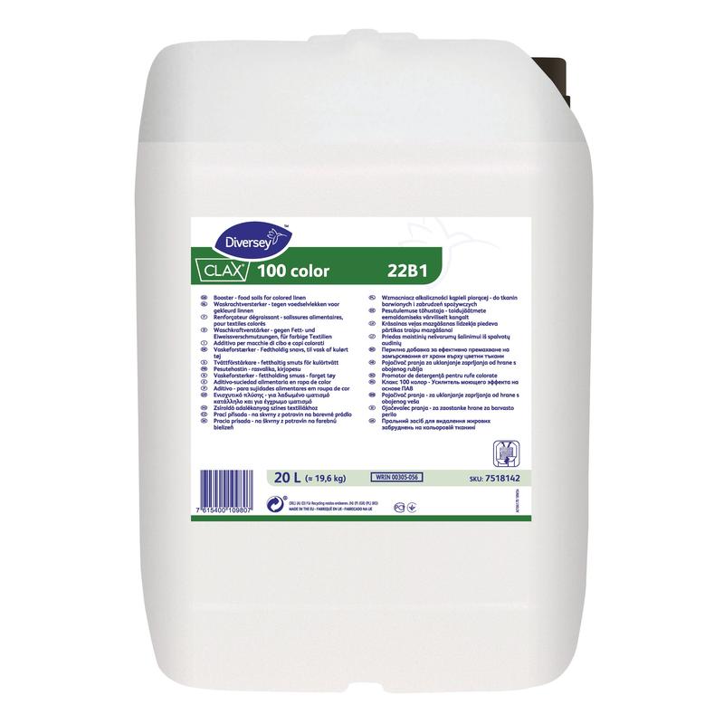 Un recipient de plastic alb de 20 litri cu Clax 100 Culoare 22B1 Amplificator de putere de spălare de la Diversey Deutschland GmbH & Co. OHG, cu detalii despre produs, logo-ul mărcii și instrucțiuni de utilizare pe eticheta din față.