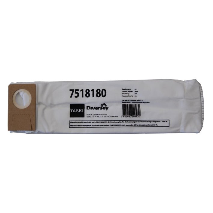 Un sac de aspirator din material netesut alb de unică folosință de la Diversey Deutschland GmbH & Co. OHG, cu atașament de carton și informații despre produs, pentru Jet 38/50; pachet de 10 (carton) ideal pentru curățenie.