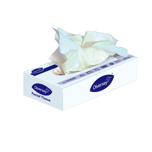 O cutie dreptunghiulară de șervețele cosmetice Diversey DI certificate ecologic, cutie standard, 2 straturi, alb (100 bucăți), cu șervețele de 21 x 21 cm este extrasă de sus; cutia predominant albă afișează branding albastru și informații despre produs.
