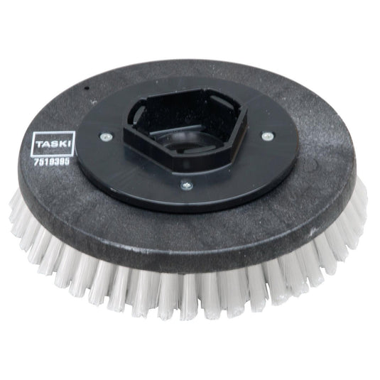 O perie rotundă de curățat din plastic negru cu peri de nailon (28 cm) de la Diversey Deutschland GmbH & Co. OHG, cu peri albi rigizi, compatibilă cu modelele swingo 955/1255/2100/5000 pentru o curățare temeinică – perie standard de curățat, 1 bucată per pachet.