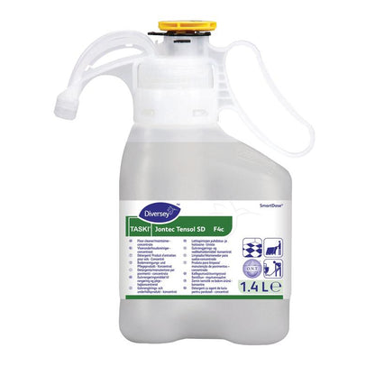Un TASKI Jontec Tensol detergent concentrat de 1,4 litri de la Diversey Deutschland GmbH & Co. OHG cu sistem SmartDose, mâner și gura de vărsare, conceput pentru curățarea profesională a suprafețelor și pardoselilor.