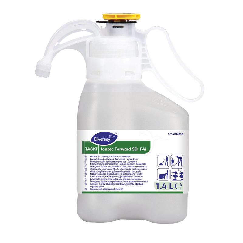 Un recipient de plastic de 1,4 litri de la Diversey Deutschland GmbH & Co. OHG TASKI Jontec Forward detergent concentrat pentru podele, cu corp alb, etichetă verde, capac galben, mâner de dozare, instrucțiuni de utilizare și simboluri de curățare.