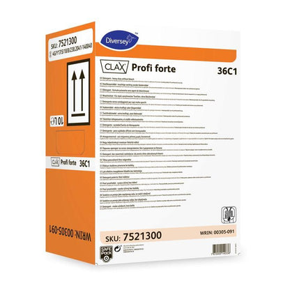 Un pachet dreptunghiular de 10 litri de detergent lichid Clax Profi Forte 36C1 de la Diversey Deutschland GmbH & Co. OHG, cu inscripții portocalii și albe și instrucțiuni multilingve, este destinat utilizării în mașinile de spălat comerciale.
