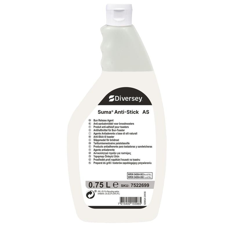 O sticlă de 750 ml Suma Anti-Stick AS agent antiaderent pentru prăjitoare de pâine de la Diversey Deutschland GmbH & Co. OHG, cu etichetă albă, mâner ergonomic și instrucțiuni multilingve - perfect pentru curățarea profesională a prăjitoarelor de bucătărie.