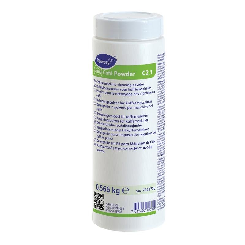 Un recipient cilindric alb cu inscripția "Suma Café Powder C2.1, pulbere de curățare pentru mașini de cafea" (566 g) de la Diversey Deutschland GmbH & Co. OHG cu informații despre produs vizibile clar în mai multe limbi pe etichetă.