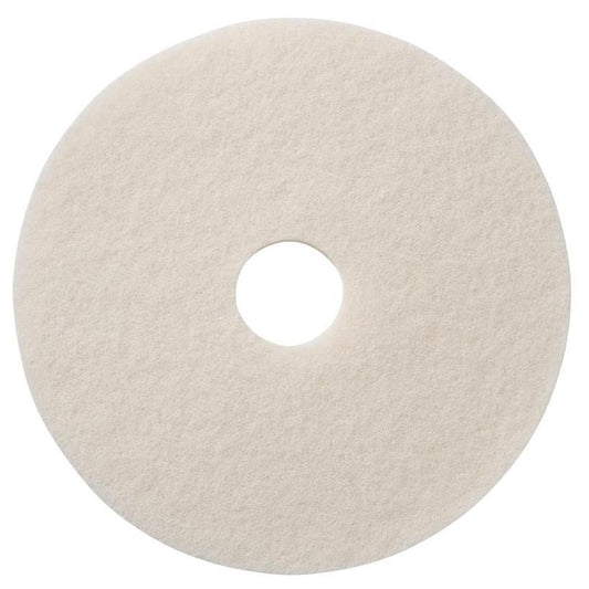 TASKI Americo Pad Alb – tampon de lustruire de înaltă calitate și viteză mare, produs de Diversey Deutschland GmbH & Co. OHG, este un tampon rotund, plat, de culoare albă, cu suprafață texturată și orificiu central, conceput pentru lustruirea eficientă a pardoselilor, prezentat pe un fundal alb.