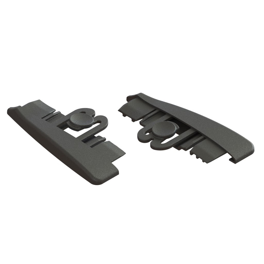 Două capace UltraPlus Jonmaster negre stânga/dreapta din plastic de la Diversey Deutschland GmbH & Co. OHG, utilizate ca capace de înlocuire pentru suportul de mop UltraPlus, prezentate cu margini rotunjite și mecanisme de blocare pe un fundal alb (2 pachete/cutie).