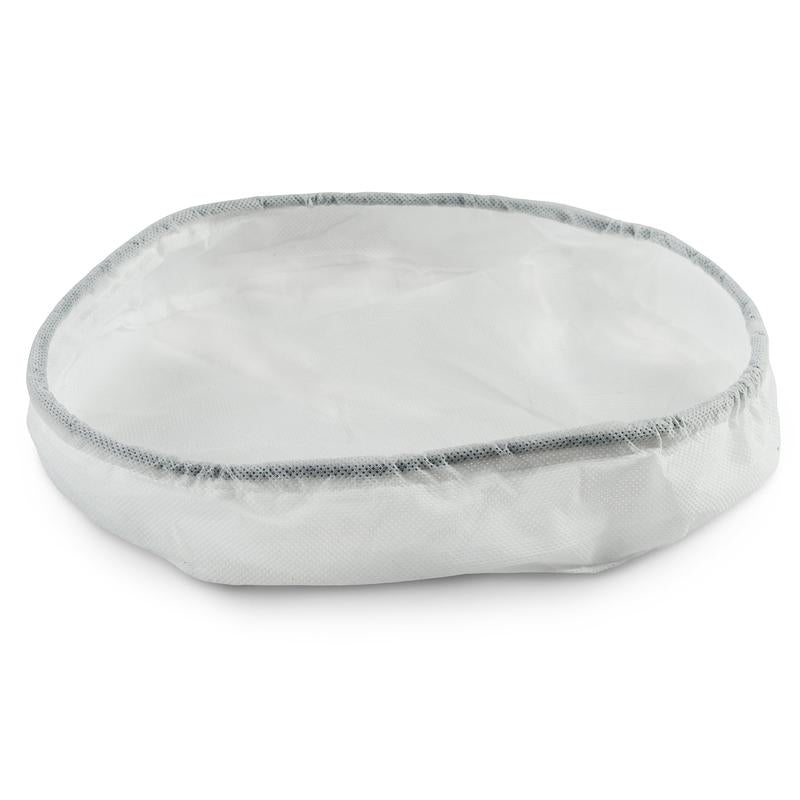 Un șervețel filtrant TASKI AERO 8/15 Vlies alb, rotund (protecție motor) de la Diversey Deutschland GmbH & Co. OHG cu margine gri, realizat ca accesoriu pentru aspirator, este așezat plat pe o suprafață albă. Disponibil în cutie de 5 bucăți.