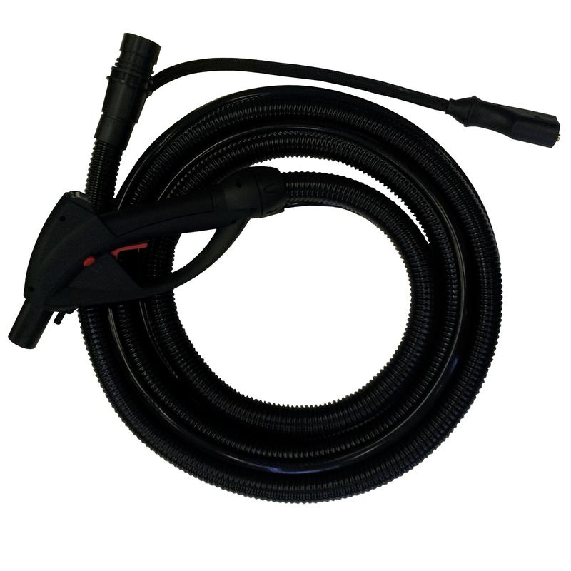 Furtunul combinat de 4m pentru TASKI Steamer de la Diversey Deutschland GmbH & Co. OHG cu mâner pistol este înfășurat cu capete de duză și conector și este ilustrat pe un fundal alb. Potrivit pentru aparate de abur, aspirare și curățare.