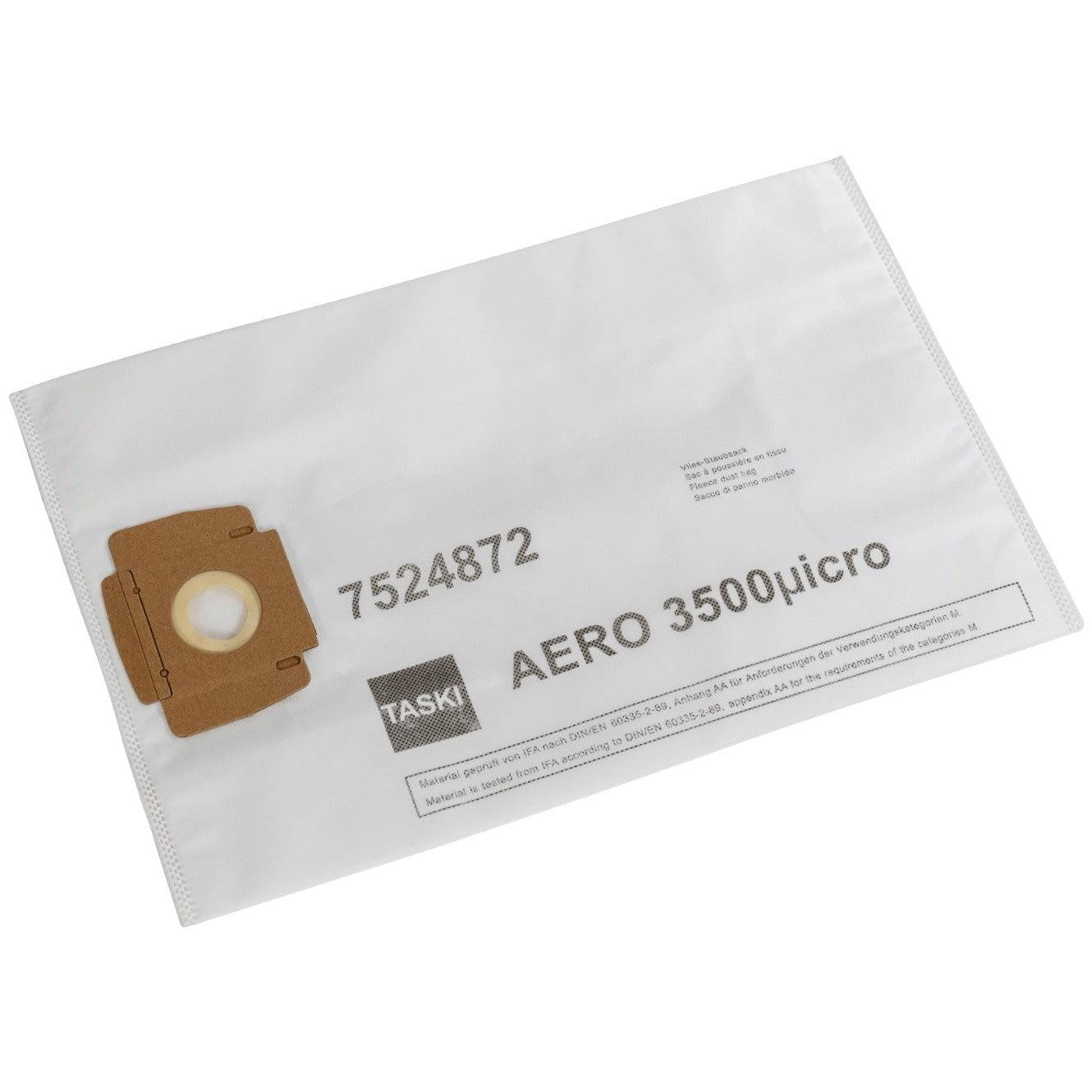 Un sac de aspirator din lână albă AERO 3500 de la Diversey Deutschland GmbH & Co. OHG, cu un guler de carton și o deschidere rotundă pe partea stângă; inscripționat cu „AERO 3500” și „7524872”. Informații despre produs pe partea dreaptă. Vândut în cutii cu 10 pachete.