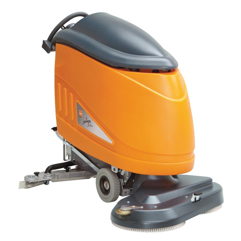 TASKI swingo 1850 Li-Ion de la Diversey Deutschland este o mașină de curățat și aspirat extra-mare, portocalie-gri, cu două perii de 17 inci, roți pentru mobilitate și 3x50Ah baterii Li-Ion pentru o curățenie comercială eficientă.