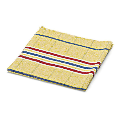 O cârpă de praf galbenă pliată Nölle Profi Brush din bumbac de la Nölle Profi Brush Bürsten- & Pinseltechnik e.K. cu un model în carouri și dungi transversale roșii, albe și albastre pe o margine, ideală pentru curățarea delicată, pe un fundal alb.