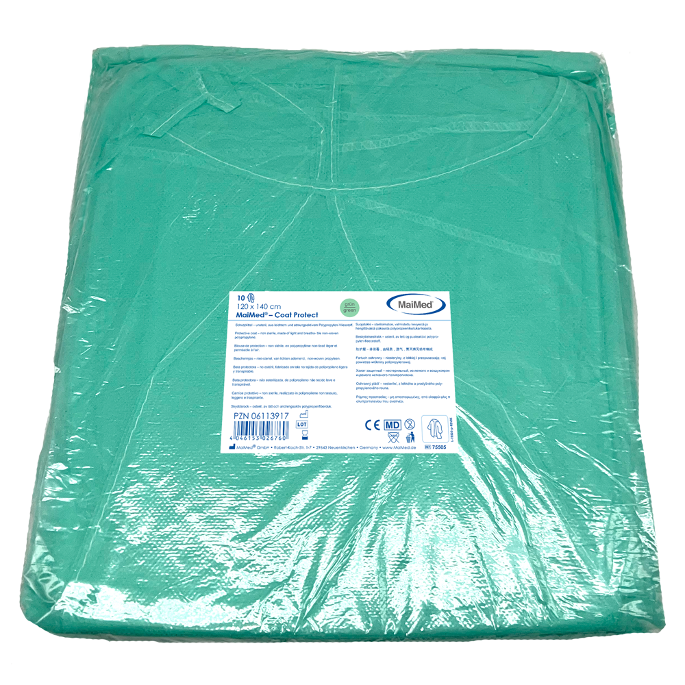 MaiMed-Coat Protect, halat de protectie din fleece, verde nesteril, mansete elastice, lungime 120cm, 10 bucati | Pachet (10 bucăți)