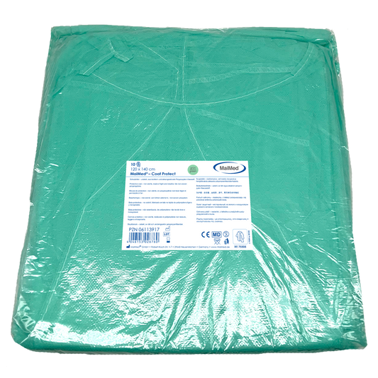 MaiMed-Coat Protect, halat de protectie din fleece, verde nesteril, mansete elastice, lungime 120cm, 10 bucati | Pachet (10 bucăți)