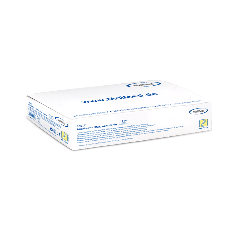 MaiMed - Depresor bucal din lemn non steril HMS, lungime 15 cm, 100 buc/cutie | Cutie (100 bucati)