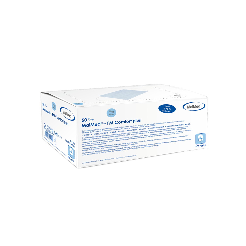 MaiMed-FM C plus., masca, unst. cu mască chirurgicală de cauciuc, nesterilă, 3 straturi, albastru, 50 buc./cutie | Cutie (50 bucăți)