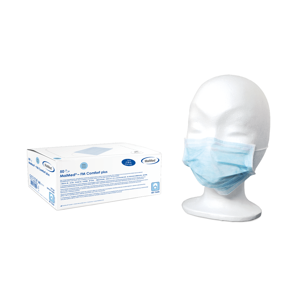 MaiMed-FM C plus., masca, unst. cu mască chirurgicală de cauciuc, nesterilă, 3 straturi, albastru, 50 buc./cutie | Cutie (50 bucăți)