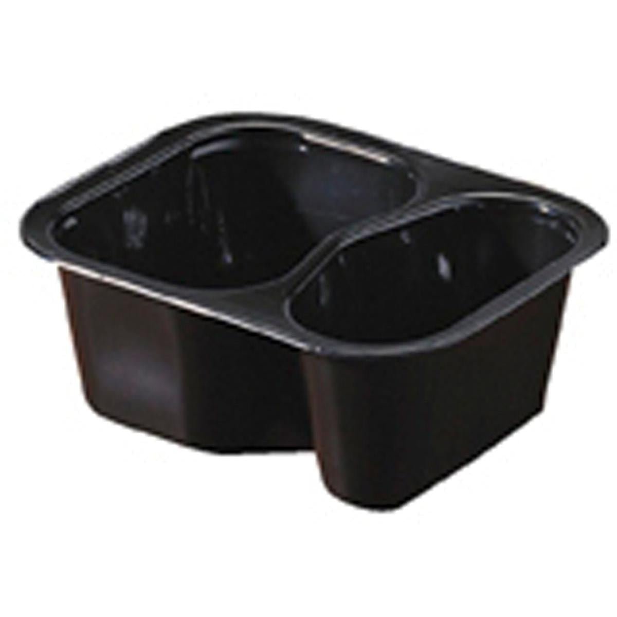 Castronul Duni GmbH PP 2 Negru PP 138x114x53, gol pe un fundal alb, este un castron negru cu două compartimente (pachet: 480 bucăți), ideal pentru ambalarea preparatelor gata sau a alimentelor congelate în gastronomie.