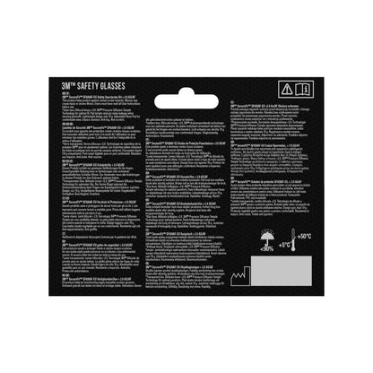 Spatele ambalajului ochelarilor de protecție pentru citit 3M™ SecureFit™ de la 3M Deutschland GmbH, cu informații de siguranță și produs multilingve în alb pe negru, mici grafice simbol în colțul din dreapta sus și un grafic de temperatură în colțul din dreapta jos.