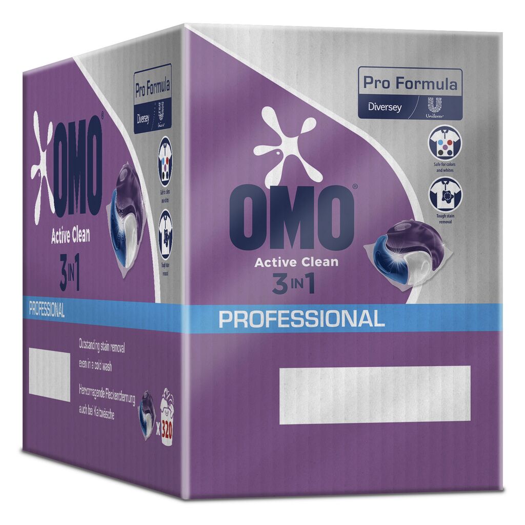 Eine lila-weiße Schachtel von Omo Professional Active Clean 3in1 Kapseln von Diversey Deutschland GmbH & Co. OHG, die das Produktbild, die Markenlogos, die Angaben zur Fleckentfernung und den mehrsprachigen Text auf der Verpackung zeigt.