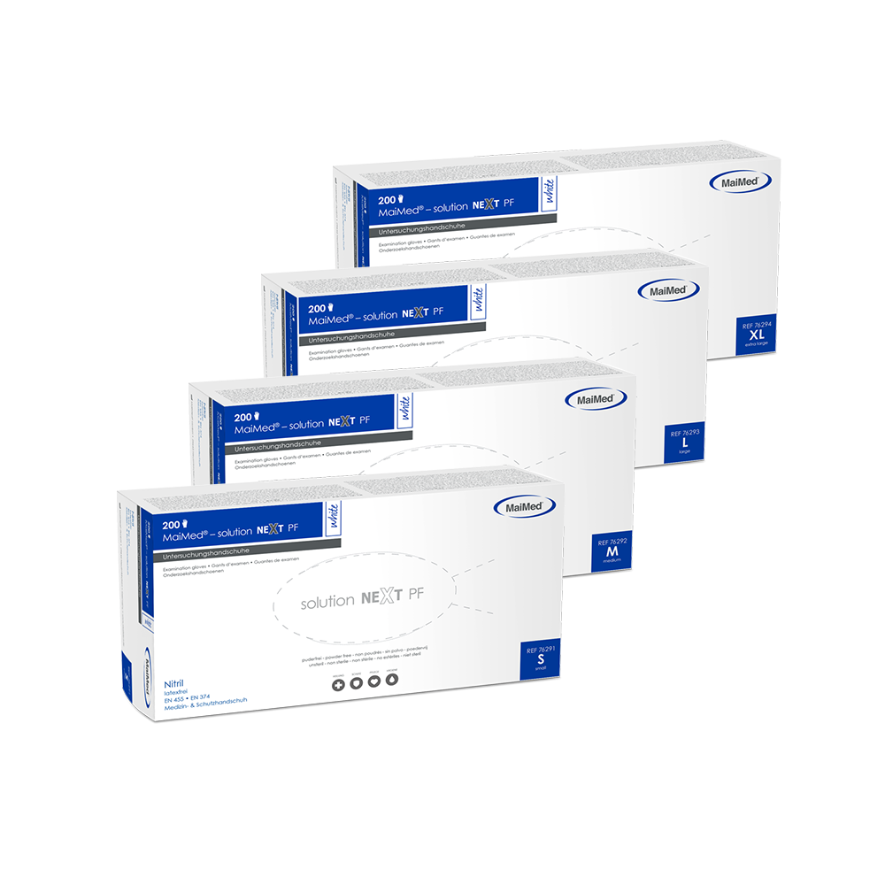 Mănuși de nitril albe MaiMed-solution next, nesterile, fără latex, 200 bucăți/cutie