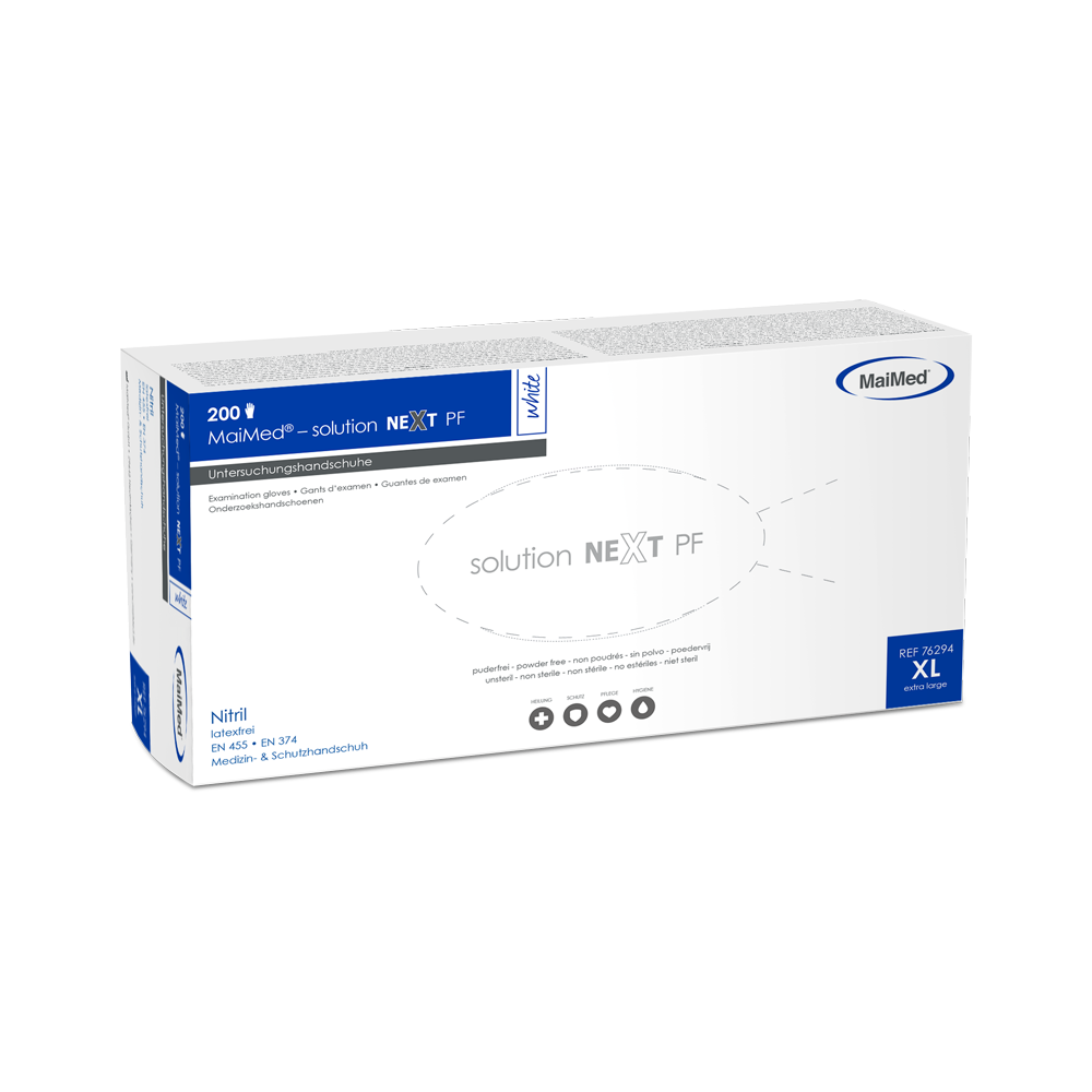 Mănuși de nitril albe MaiMed-solution next, nesterile, fără latex, 200 bucăți/cutie