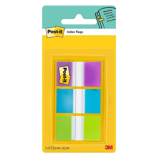 Un pachet de benzi adezive 3M Post-it® Index, standard (25,4 mm x 43,2 mm), conținând 60 de benzi adezive în diverse culori, într-un dispenser. Ideale pentru organizarea documentelor; ambalajul poartă siglele Post-it® și 3M Deutschland GmbH.