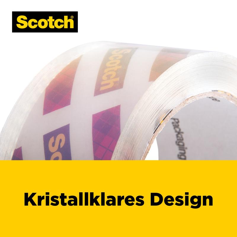 Un prim-plan al unei role de bandă adezivă de ambalare Scotch® Box Lock™ (48 mm x 20,3 m) de la 3M Deutschland GmbH, pe care se vede logo-ul. Sub bandă se află un banner galben cu inscripția "Design clar ca cristalul" cu litere negre.