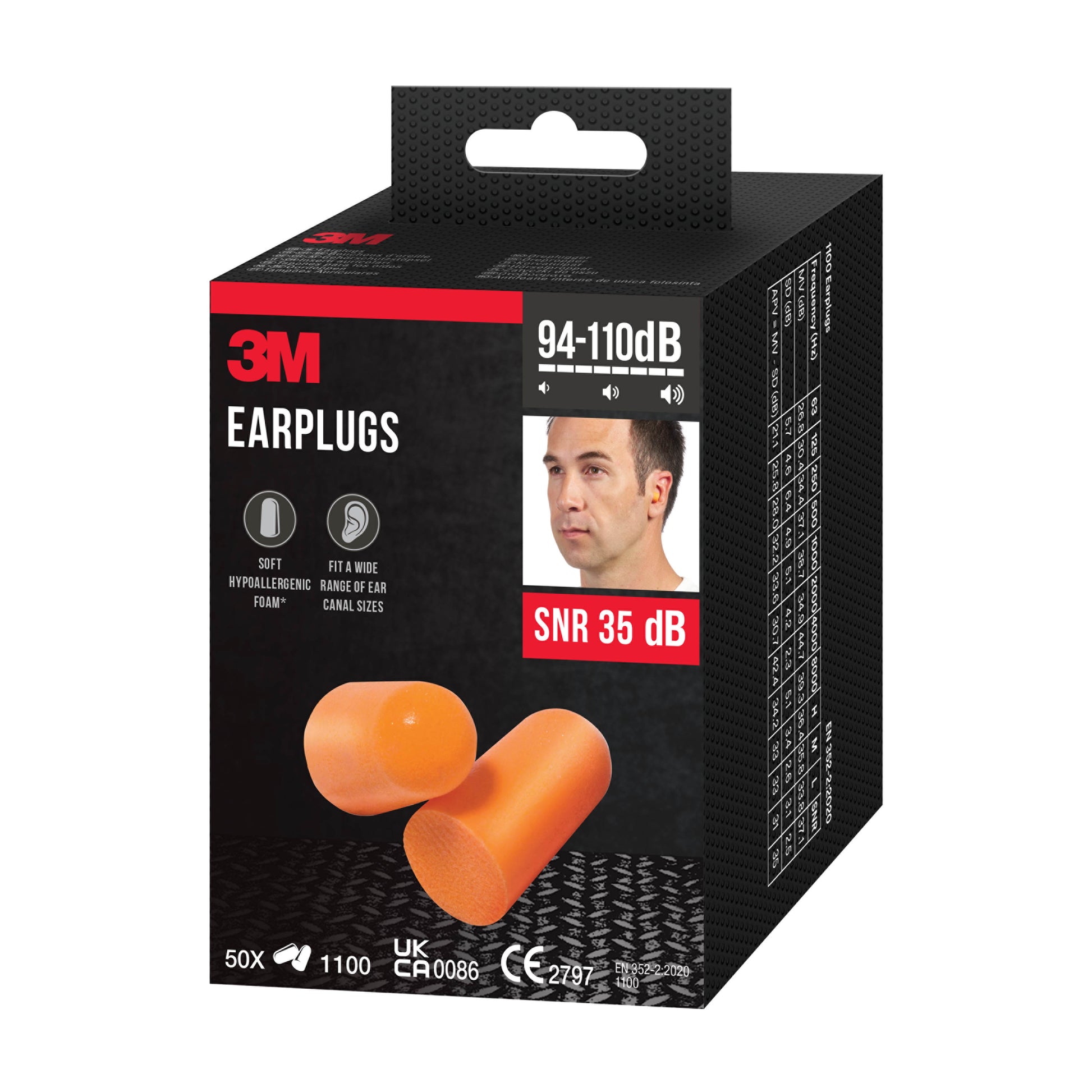 Eine schwarze 3M™-Box der 3M Deutschland GmbH enthält 50 Paar orangefarbene 1100er Weichschaum-Ohrstöpsel (SNR 35 dB), für verschiedene Ohrgrößen, mit der Abbildung von zwei Stöpseln und einem Mann, der einen trägt, als Hinweis auf die Verwendung in Umgebungen mit 94-110 dB.