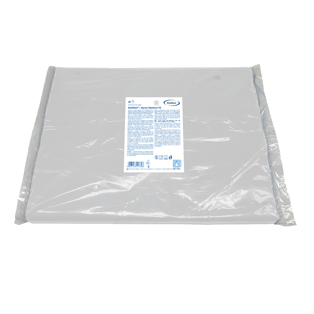 MaiMed-Apron Medium PE, șorț din PE 75x115cm alb, 50 buc/pachet, blocat, suprafață netedă | Pachet (50 bucăți)