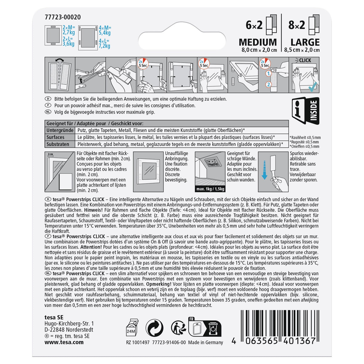 tesa Powerstrips CLICK Multi, 6 Paar M + 8 Paar L, weiß