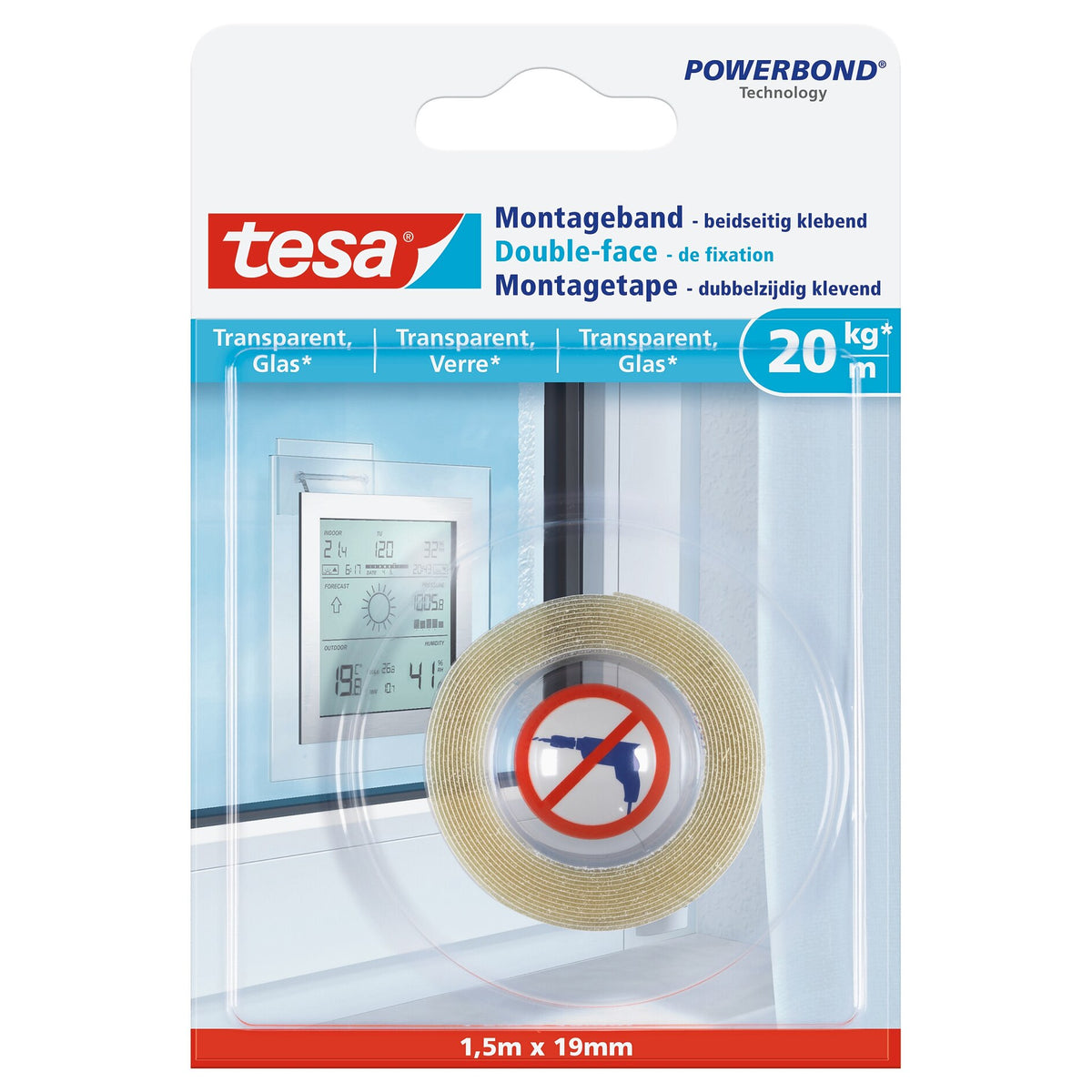 tesa Montageband für transparente Oberflächen und Glas, bis 20 kg/m 1,5 m x 19 mm