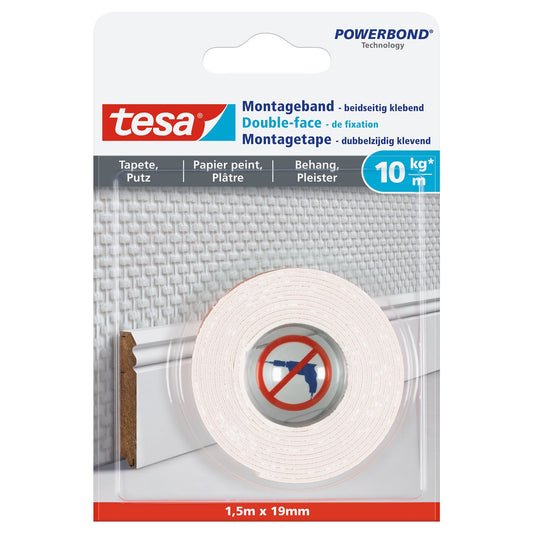 tesa Powerbond Montageband für Tapeten und Putz, weiß, bis 10 kg/m 1,5 m x 19 mm
