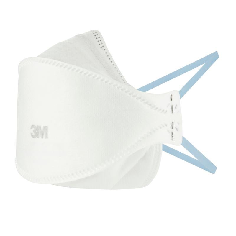 Masca de particule confort 3M™ Aura™ 9320+, FFP2, fără supapă (1 bucată), de la 3M Deutschland GmbH, este neutilizată, cu benzi albastre pentru urechi și o ușoară cută în mijloc, ilustrată pe un fundal alb.