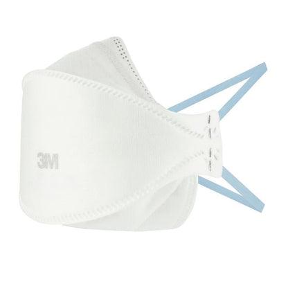 Masca de particule confort 3M™ Aura™ 9320+, FFP2, fără supapă (1 bucată), de la 3M Deutschland GmbH, este neutilizată, cu benzi albastre pentru urechi și o ușoară cută în mijloc, ilustrată pe un fundal alb.