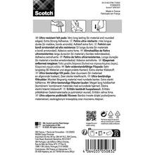 Partea din spate a unui pachet de Filzpads extrem rezistente Scotch® SP87A37 (3M Deutschland GmbH) cu descriere multilingvă, instrucțiuni de utilizare și reciclare, ilustrații pentru protecția suprafețelor pentru picioarele scaunelor, cod de bare și datele de contact ale producătorului. 12 tampoane gri/albe, 24 x 22 mm.
